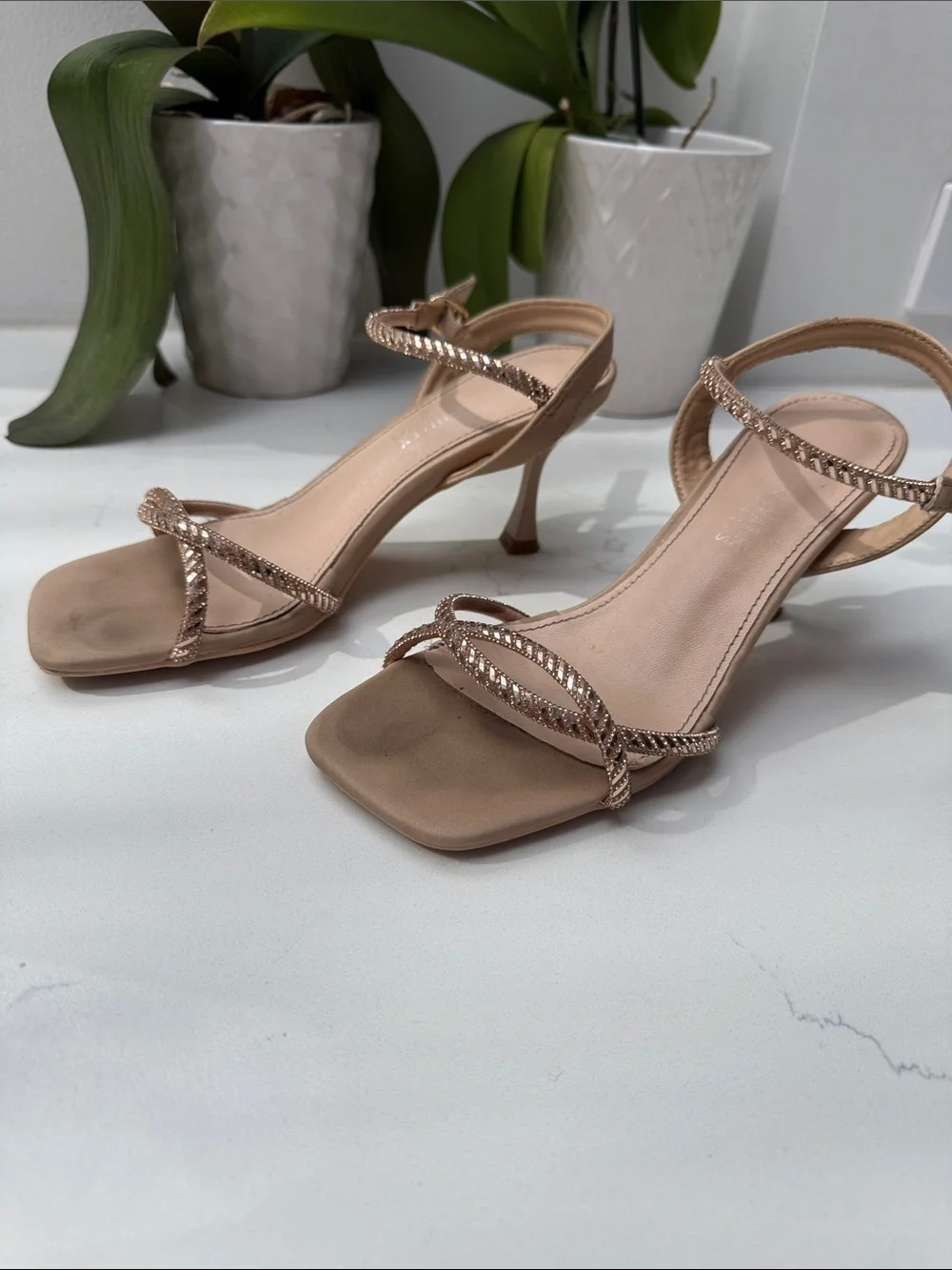 Kids Sparkling Rose Gold Braided-crystal Strap Dress Heels. Girls size 5.5